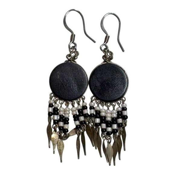 Vintage End Of The Trail Silver & Black Beaded Earrings Silhouette Dangling Drop - Picture 5 of 6